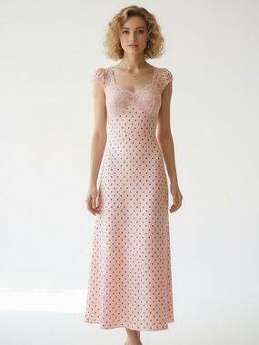 Thirty Thirty Dress Pink Red Polka Dot Maxi Long Slip Lace Size Small NWT